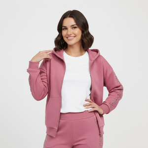 Ensemble de survêtement personnalisé à capuche pour femme, streetwear, manches longues, fermeture éclair, pantalon large, coton respirant, imprimé, printemps, décontracté, OEM - Product Image 6