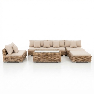 Outdoor Rattan Woven Sectional Sofa Set Mahogany Wood Frame Wicker Furniture Glass Table Lounge Chair Ottoman Setup Art - Product Image 1