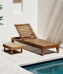Teak Sun Lounger with Adjustable Slatted Backrest and Low Profile <b>Side</b> <b>Table</b> Elegant Poolside Outdoor Relaxation <b>Set</b> - Product Image 1