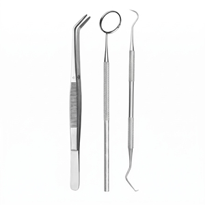 Juego de 3 piezas para examen dental: espejo dental, raspador tipo sierra y pinzas dentales. Instrumento manual con certificación CE Clase I. - Product Image 4