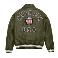 Blouson aviateur en cuir vert olive pour homme Avirex, col rabattu, fermeture éclair, design patchwork, style moto, vêtement d'automne