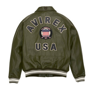 Blouson aviateur en cuir vert olive pour homme Avirex, col rabattu, fermeture éclair, design patchwork, style moto, vêtement d'automne - Product Image 2
