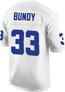 Maillot de football Polk High blanc à col en V et manches courtes avec numéro 33 bleu et nom Bundy, design personnalisé - Product Image 3