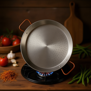Poêle à paella valencienne en métal argenté de 30 cm avec revêtement extérieur poli, ustensile de cuisson durable - Product Image 3
