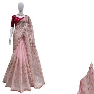 Peach Georgette <b>Saree</b> with Golden Stripes and <b>Red</b> Accents Modern Indian Style Women's Party Dress Quick Dry for Special Events - Product Image 1
