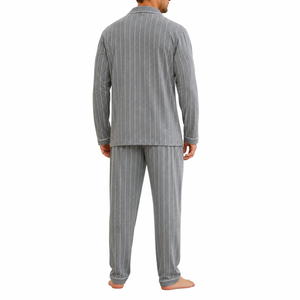 Ensemble de pyjama en tricot à manches longues rayé gris pour homme avec poches, vêtements de nuit en coton doux, vêtements décontractés d'automne - Product Image 2