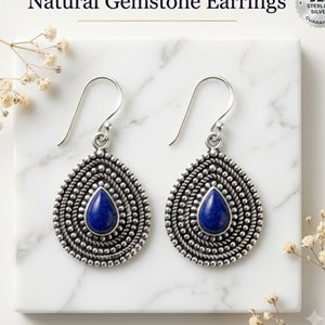 Pendientes Colgantes de Lapislázuli, Plata de Ley, Hechos a Mano, con Forma de Gota de Agua, Estilo Boho Chic, para Regalo - Product Image 2