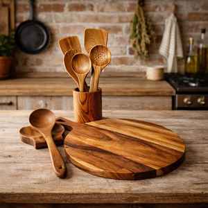 Ensemble d'ustensiles de cuisine en bois d'acacia 7 pièces avec support et planche à charcuterie - Product Image 4