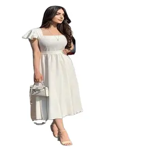 Robe chemise décontractée longue pour femme, élégante, unie, ample, en tricot de rayonne, polyester, élasthanne et tissu Roma, à manches bouffantes - Product Image 1