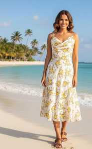 Multi Floral Printed Yellow Floral Midi Dress <b>Spaghetti</b> <b>Strap</b> Georgette Summer Beach Dress Formal Summer Wear Midi Maxi Dress - Product Image 4