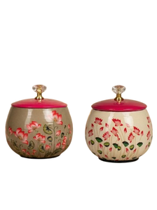 Ensemble de pots de rangement décoratifs côtelés avec couvercle Fleur de Lys doré, vert sauge et rose corail, style vintage, pour la décoration intérieure - Product Image 4