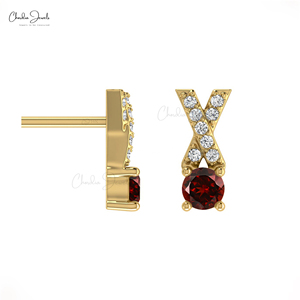 Trending 5mm Round Cut Natural Mozambique Garnet Jesus Criss Cross Stud <b>Earrings</b> 14k Solid Gold Custom Fine Jewelry for Women - Product Image 3