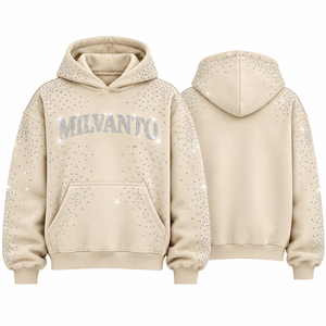 <b>Cream</b> Custom Heavyweight 450 GSM Rhinestone Pullover Hoodie Premium 100% Cotton <b>Fleece</b> Drop Shoulder Hoodie For Men & <b>Women</b> - Product Image 1