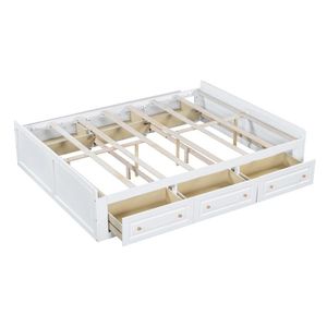 Letto a piattaforma matrimoniale in faggio massiccio stile giapponese con 6 cassetti, intagliato a mano e confortevole, colore bianco - Product Image 4