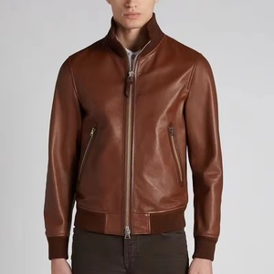 American <b>Retro</b> High-End Biker Style Genuine <b>Leather</b> Stand Collar Embroidered Front Logo <b>Jacket</b> Men's Solid Loose Fit Winter Tops - Product Image 6