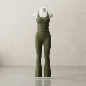 Women Olive Green <b>Flare</b> <b>Leggings</b> Yoga Set Sleeveless Crop Tank Top High Waist <b>Gym</b> Fitness Workout Activewear Two Piece Set - Product Image 2