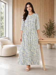 Vestido Maxi Estampado Floral para Mujer, Estilo Bohemio, Cuello Redondo, Mangas 3/4, Vestido Largo Informal Tipo Kurti, Ropa de Moda al por Mayor - Product Image 3