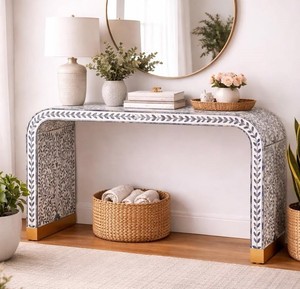 Table console traditionnelle en résine avec incrustations de os, design de luxe, pour entrée, bureau, décoration de salon, meuble d'appoint haut de gamme pour couloir - Product Image 3