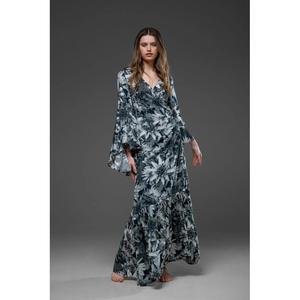 เดรสยาวลายดอกไม้สีเทาสุดหรูสำหรับผู้หญิง คอวี แขนยาว ทรงเข้ารูป สไตล์โบฮีเมียน เหมาะสำหรับงานเลี้ยงตอนเย็น - Product Image 2