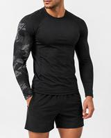 T-shirt de sport pour homme à manches longues, col rond, anti-UV, imprimé numérique noir, séchage rapide, en polyester, pour activités de plein air, faible MOQ