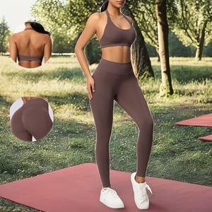XXL Women's Solid Yoga Suit 2 Piece Set Halter Crew Neck Seamless High-Waisted Nylon Spandex Breathable Active Stretch Butt - Product Image 5