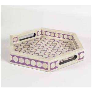 Bandeja de Servir Decorativa Hexagonal con Incrustaciones de Hueso en Color Crema Púrpura, 30x30x5CM, Hecha a Mano, Venta al Por Mayor - Product Image 1