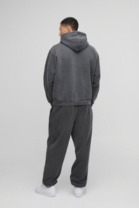 Ensemble de survêtement décontracté gris en molleton délavé pour homme, coupe oversize, deux pièces, avec sweat à capuche et pantalon de jogging, logo frontal et poches, conception OEM - Product Image 3