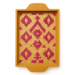 Rectangular Woven <b>Bamboo</b> Serving Tray With Integrated Wooden Handle Red And Natural Geometric Pattern - Product Image 2