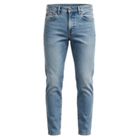 Celana Jeans Denim Biru Muda Pria Pinggang Tinggi Potongan Lurus Stonewashed Kasual Katun Berat Sedang Kancing Depan Gaya Musim Semi