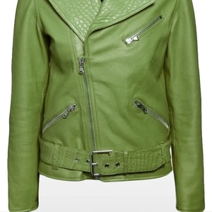 University Custom Women <b>Real</b> <b>Leather</b> Biker Jacket Olive Lime Green Croc Embossed Lapel OEM <b>Belted</b> Motorcycle Coat Zipper - Product Image 5