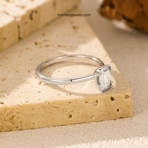 Elegant <b>Emerald</b> Cut Moissanite <b>Ring</b> Luxury Rhodium Plated 925 Sterling <b>Silver</b> <b>Rings</b> Simple Beaded Band Colorless DEF VVS - Product Image 3
