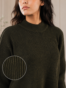 Pull en tricot côtelé vert olive pour femme, coupe ample, manches longues, col montant, asymétrique, pour un look décontracté - Product Image 4