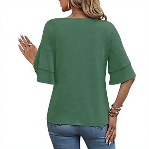 เสื้อยืดผู้หญิงไซส์ใหญ่ สีเขียวล้วน แขนปกติ เป็นมิตรกับสิ่งแวดล้อม ระบายอากาศได้ดี คอกลม สไตล์ลำลอง ผ้าถัก ความยาวปกติ ผ้าฝ้าย 100% - Product Image 2