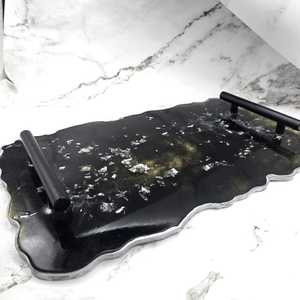 Agate Inspired Resin Tray Black & <b>Silver</b> Flakes Decorative Charcuterie Board - Product Image 1