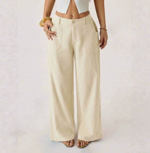 SPINE CRAFT Pantalon en lin tissé décontracté pour femme, respirant, coupe large, taille haute élastique, ample, longueur intégrale, couleur unie - Product Image 4