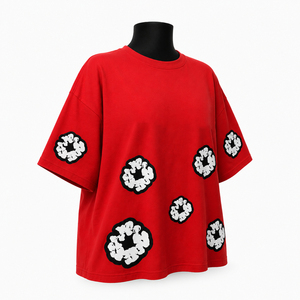 Camiseta Roja Oversize para Mujer, de Algodón, Corte Holgado, Cuello Redondo, Manga Corta, Bordado Floral, para Todas las Temporadas, Uso Casual, Precio Económico, OEM - Product Image 2
