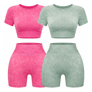 Conjunto de yoga de 2 piezas sin costuras para mujer al por mayor: Top corto de manga corta con lavado ácido y shorts de ciclista de cintura alta para gimnasio y entrenamiento. - Product Image 3