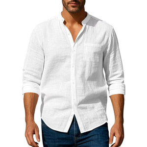 Camisas de Lino para Hombre al por Mayor, Transpirables, de Color Sólido, con Botones, Manga Larga, Ropa Masculina - Product Image 4