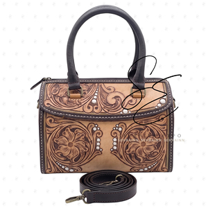 Boho Genuine Leather Hand Tooled Leather Speedy Bag for Women Vintage Floral Embossed Top Handle Cowgirl Shoulder Crossbody Bag - Product Image 2