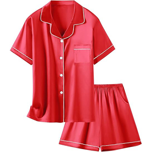 Conjunto de Pijama de Manga Corta con Cuello Redondo y Pantalones Cortos, Cintura Elástica, Suave, Transpirable, Ligero, Liso y Sólido para el Hogar - Product Image 3