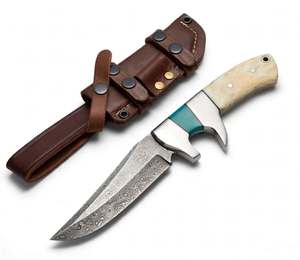 Couteau de camping artisanal en acier Damas avec pointe tombante, support OEM de qualité DIY, manche en os naturel et étui en cuir - Product Image 1