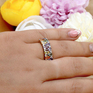 Anillo de oro amarillo de 14 quilates con racimo de diamantes y zafiros multicolor en forma de pera, joyería fina al por mayor, anillo de banda con gemas arcoíris para mujer - Product Image 6