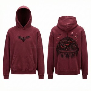 Custom Burgundy Hoodie Men Heavyweight Cotton Fleece Hoodies Vintage Wash Graphic Bat Print Streetwear Oversized Pullover Hoody - Product Image 1