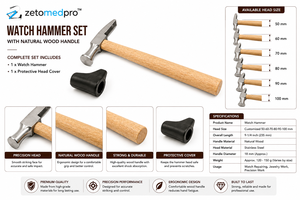 Marteau d'horloger avec manche en bois naturel, têtes de 50, 60, 70, 80, 90, 100 mm, tête de 9-1/4 pouces, marron argenté, Zetomed Pro - Product Image 4