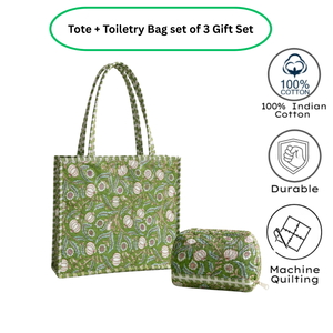 Bolso Tote de Algodón Floral Verde y Blanco Premium Knnotted Earth + Set de Neceser Hecho a Mano Ecológico Ligero con Cierre de Cremallera y Cadenas - Product Image 3