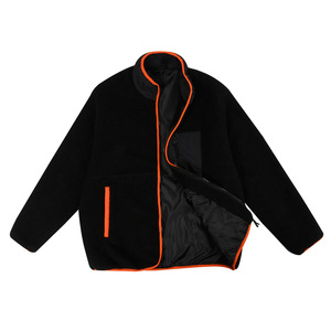 Men's Black <b>Sherpa</b> <b>Fleece</b> Jacket Stand Collar Zip Up Orange Trim Thick Winter Coat - Product Image 1