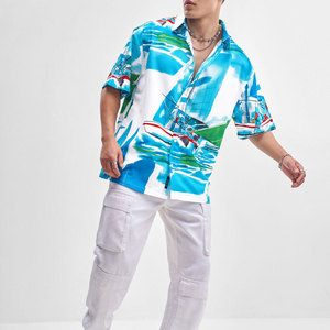 เสื้อเชิ้ตฮาวายแขนสั้นพิมพ์ลายสีน้ำเงินสำหรับผู้ชาย ปกคอพับได้ เหมาะสำหรับใส่ในช่วงวันหยุดฤดูร้อน ผ้าป๊อปลินระบายอากาศได้ดี - Product Image 4