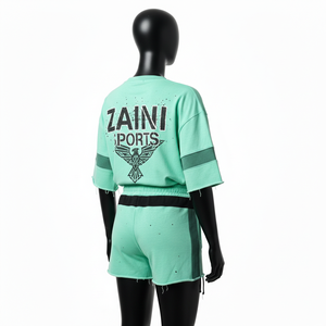 Conjunto de camiseta y pantalones cortos para mujer, algodón premium French Terry 260 GSM, tacto suave, panel en contraste, estampado serigrafiado, logotipo personalizado, conjuntos para mujer - Product Image 5