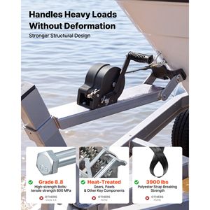 Treuil manuel robuste pour bateau, capacité 1600 lb, avec sangle en polyester orange de 20 pieds, à cliquet bidirectionnel portable, 2 vitesses - Product Image 3