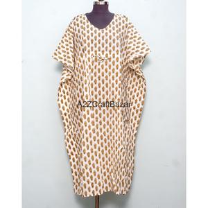 Kaftan pour femme, robe longue ample en coton 100% respirant et écologique, imprimé artisanal, avec ceinture simple, pour un usage quotidien - Product Image 1